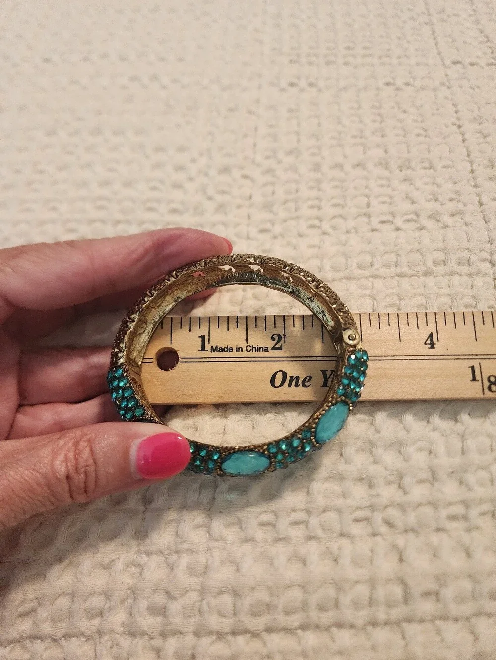 Pair Of Vintage Statement Clamper Bracelets Cream/Gold & Teal With Rhinestones